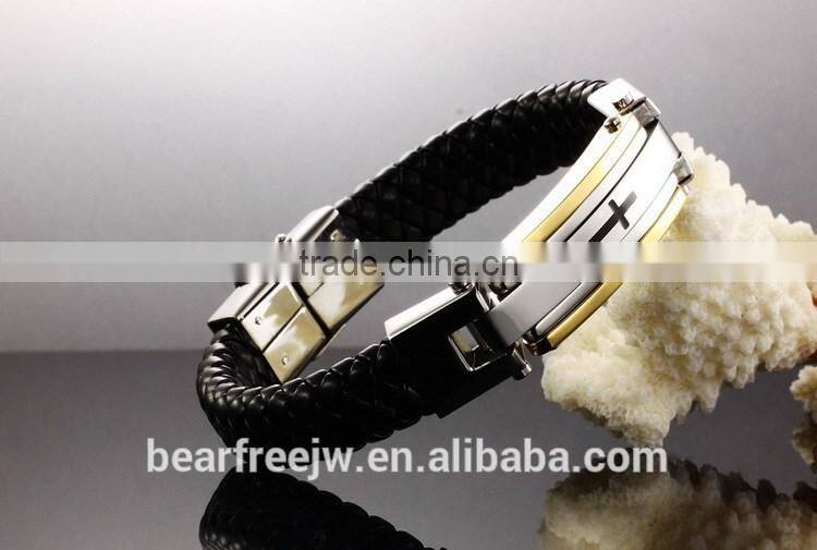 Fashion Solid Stainless Steel Cross Braide Leather Bangle Bracelet Men Jewelry