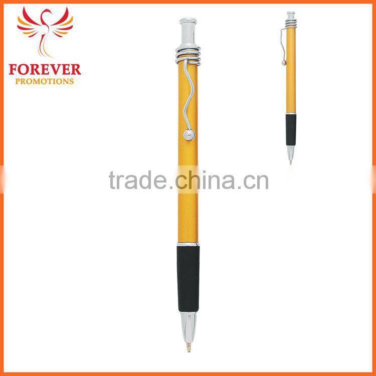 Exhibition Conference Custom Wired Clip Plunger Action Ballpoint Pen With Rubber Grip Ball Pen Supplier