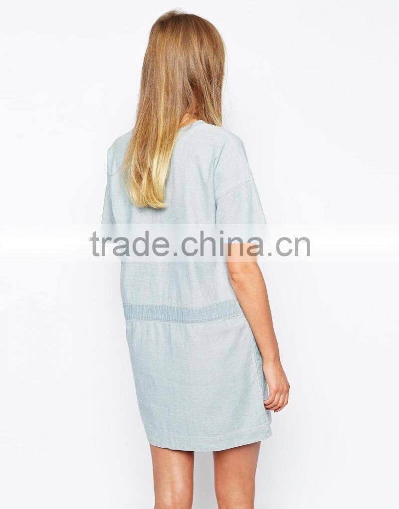 short sleeve tassel tie neckline denim dress