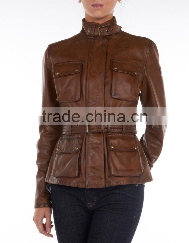 Stylish cognac leather jacket women