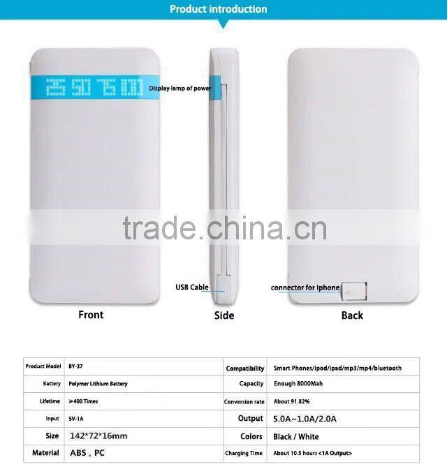 Factory New 8000mah Ultra Slim Powerbank With double Cable and connector for iPhone 5/5S/6/6S
