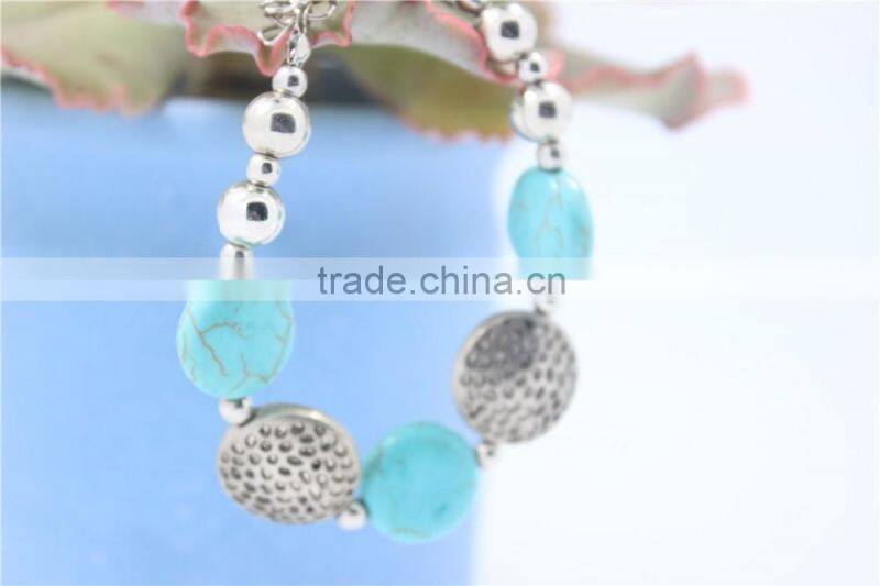 Handmade Gypsy Tibet Silver Turquoise Stone & Uneven Flat CCB Beaded Bracelet For Women Jewelry 2016New Intrend style