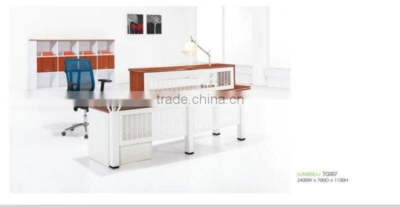 modern wooden reception table with I shaped steel leg