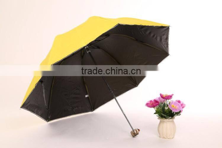 sun umbrella black coated with UV protect 3 folding umbrella made by chinese umbrella manufacturer