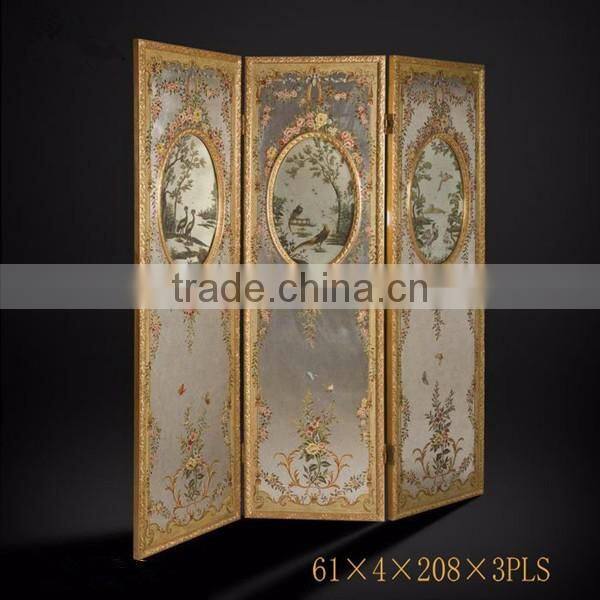 Elegant Gilt Wooden Floor Screen, Gold Painted Flower & Bird Four Panel Folding Screen, Curio Classic Furniture Decor Screen