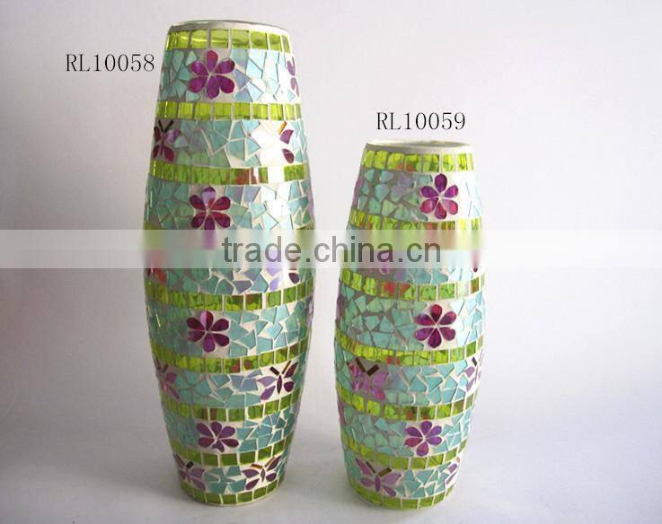 Drum Shape Flower Butterfly Decor Hand Blown Mosaic Glass Colored Cheap Classic Flower Vases
