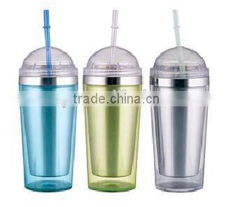 450ml stainless steel Inner steel outer plastic double layer cup with straw