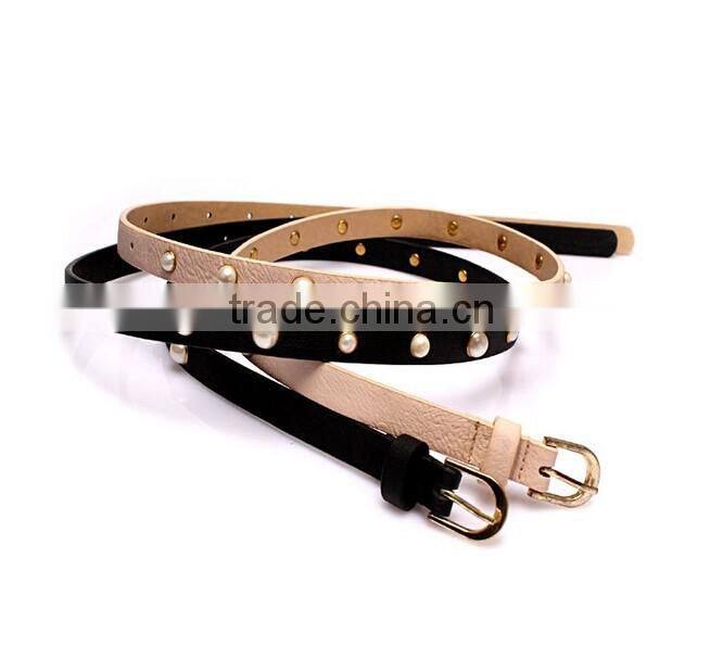 Fashion pearls decorated pin buckle sex girl thin PU waist belt