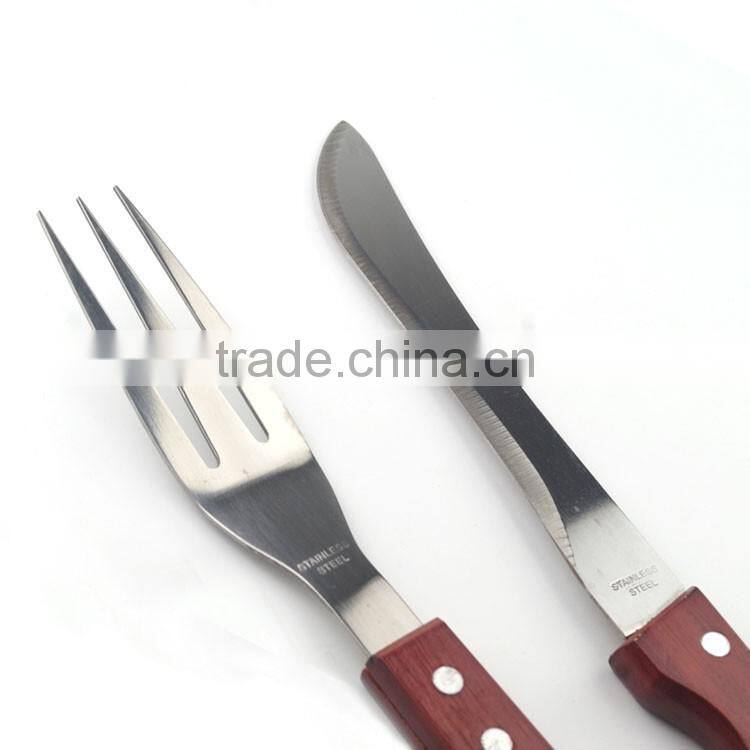 2pcs stainless steel BBQ set knife and fork with wooden handle