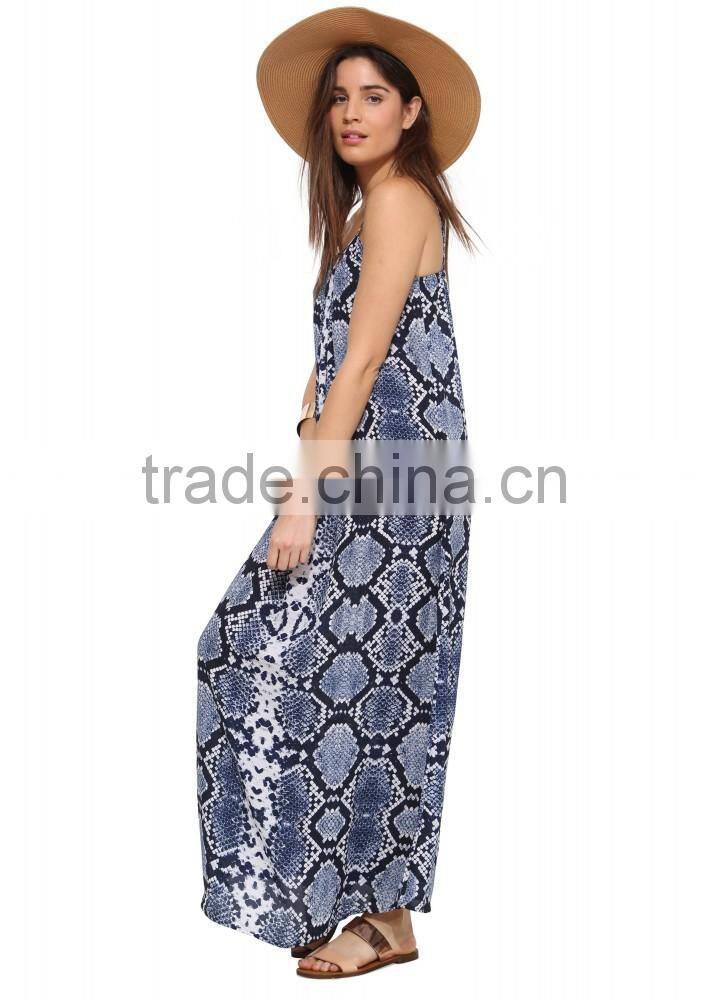 Ladies fashion spaghatti straps snake skin print long chiffon maxi dress