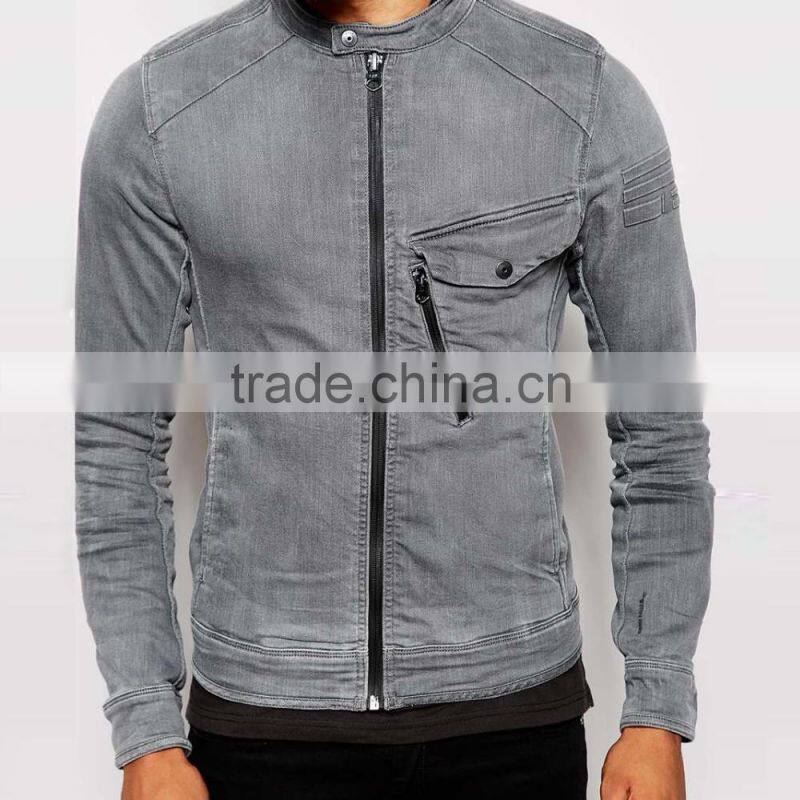 plain denim zipper windproof jacket for men of high quality custom made