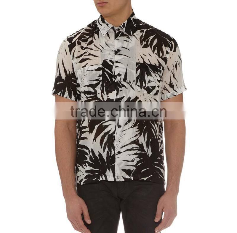 Palm leaf print short sleeved shirt with chest pocket