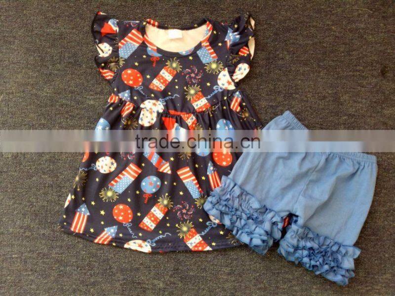 2017 wholesale children boutique clothing ruffle outfit for kids cupcake top and ruffle shorts outfit