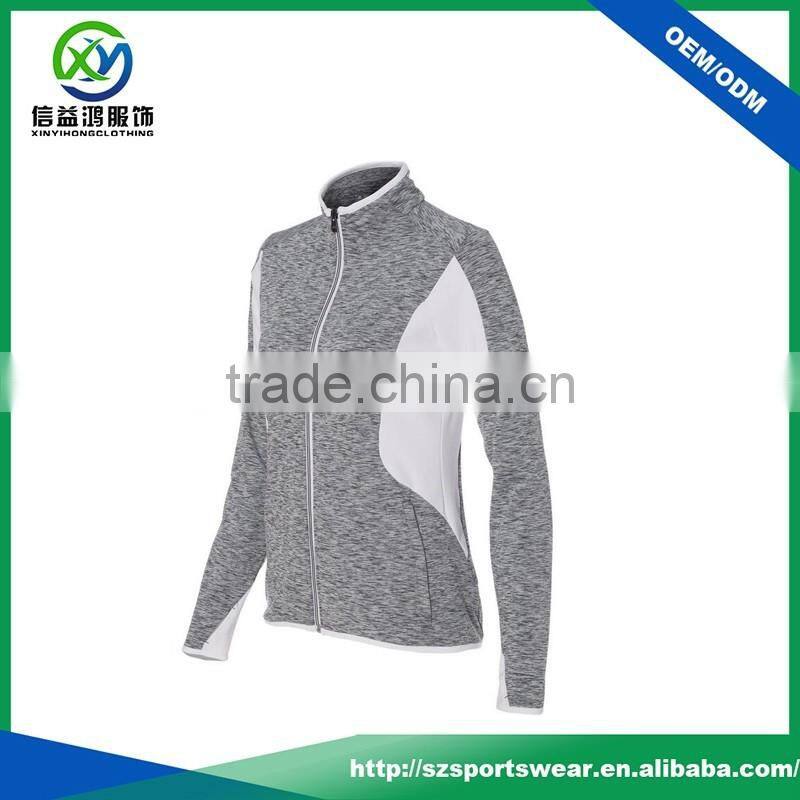 New style cation polyester blend splicing full zip hoody sweater for women