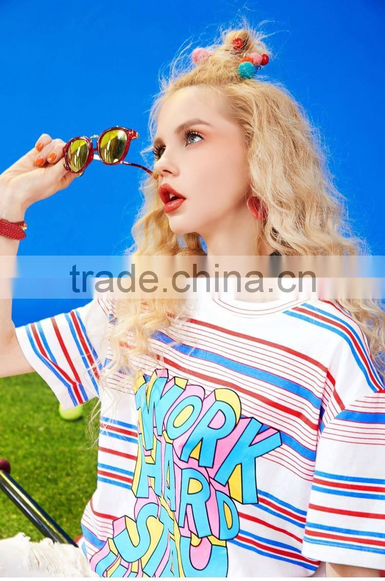 Womens short sleeve stripe front printing t-shirt with custom logo