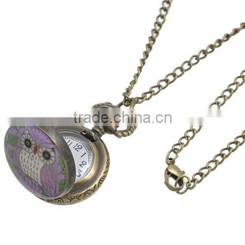 Round Antique Bronze Owl Pattern Halloween Enamel Purple Battery Included Pocket Watches 85cm