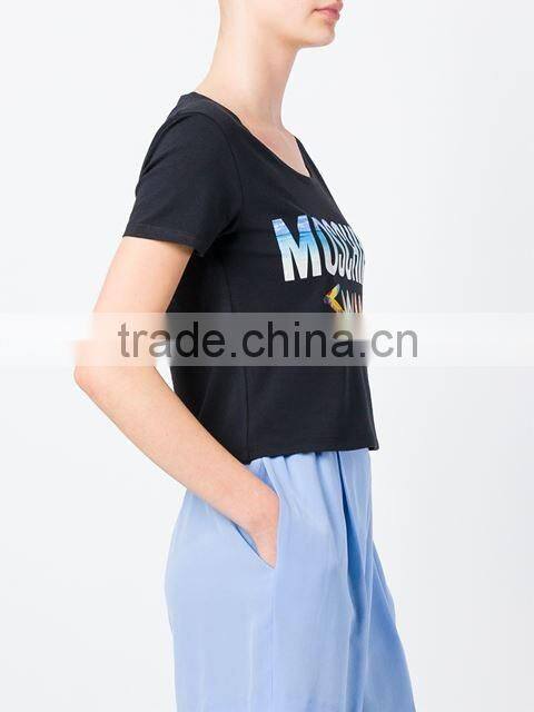 Custom Short Sleeve Cotton Black Printed t-Shirts For Women,Top Quality Silk Printing Womens Black T-Shirts Clothes