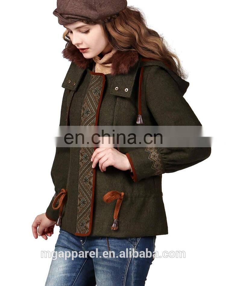 2015 Fashion winter warmth short coat embroidered draw string hooded rabbit fur collar woman coat