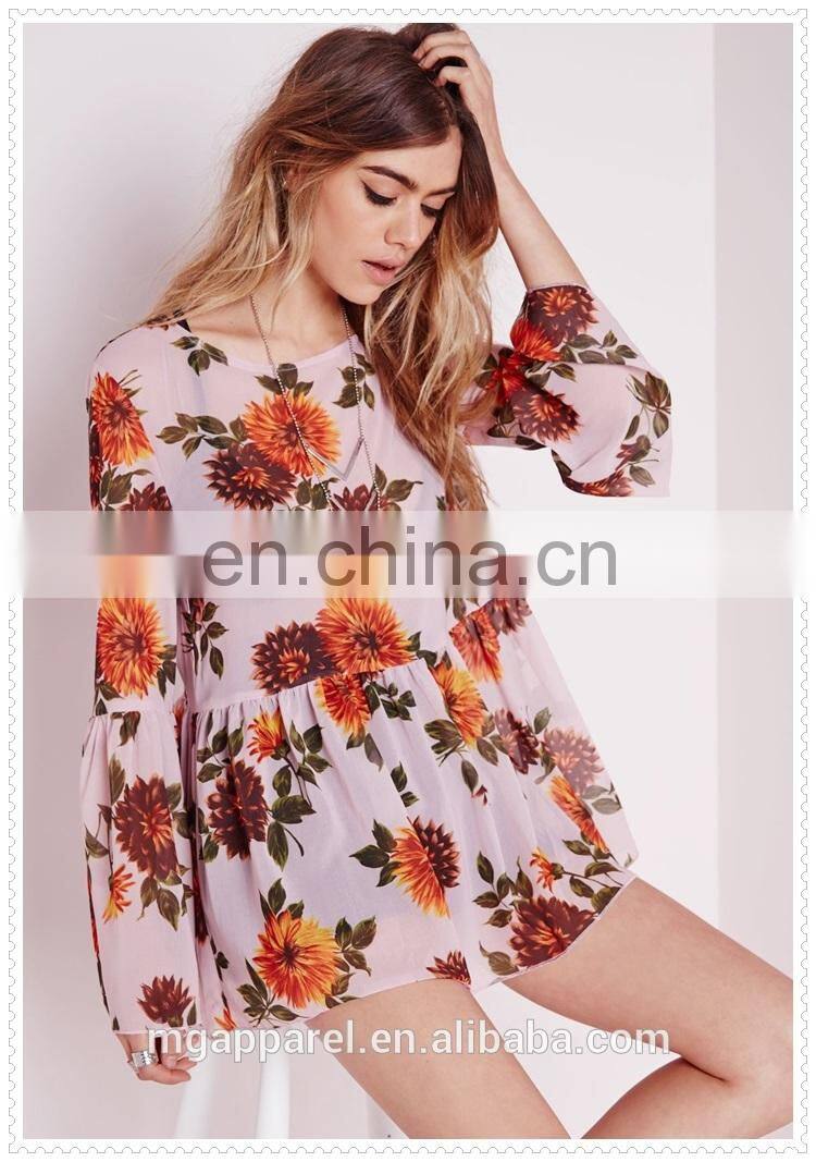 new style women oversized pink floral printed sexy chiffon blouse