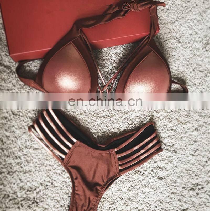 2019 Sexy Bikini Red Swimwear Push Up Swimsuit Women Halter Biquini Padded Bathing Suit Gold Stamping Brazilian Bikini Set Thong