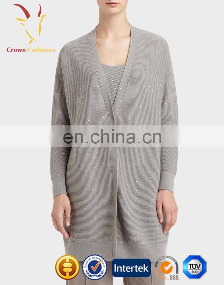 Women Gray Long Length Style Cashmere Cardigan With Button