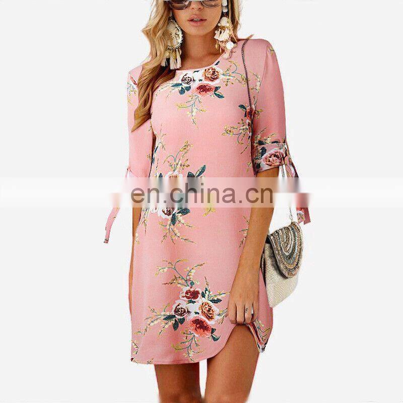 Manufacturers wholesale custom women's chiffon printed round neck three-quarter sleeve dress casual fashion short skirt plus