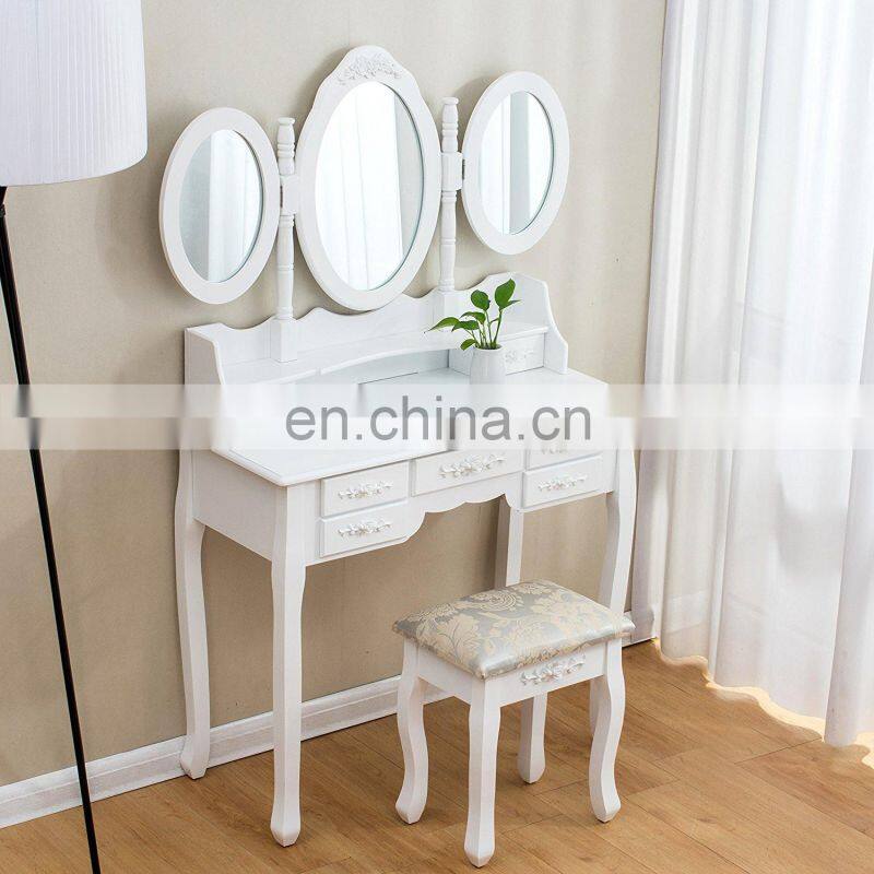 Large White 7-Drawer Vanity Makeup Dressing Table Set with 3 Mirrors and Jacquard Cushioned Stool