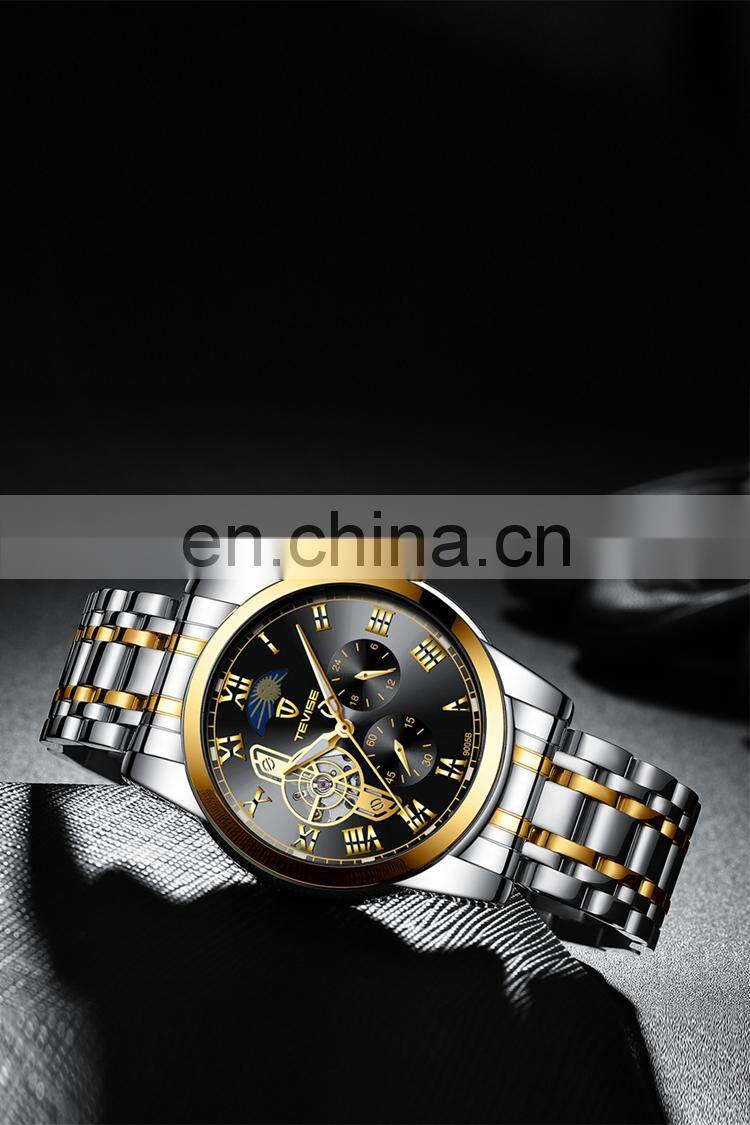 TEVISE 9005B Luxury Men Stainless Steel Sun Moon Phase Watches 24 Hours Display Automatic Mechanical Brand Wrist Watch