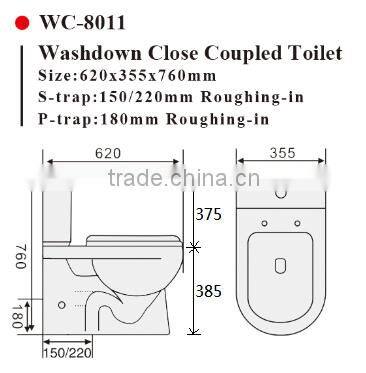 Two-Piece Washdown Watermark Toilet S/P Trap with GEBERIT or R&T Fitting Soft Cover, Australian Standard WELS WC-6002