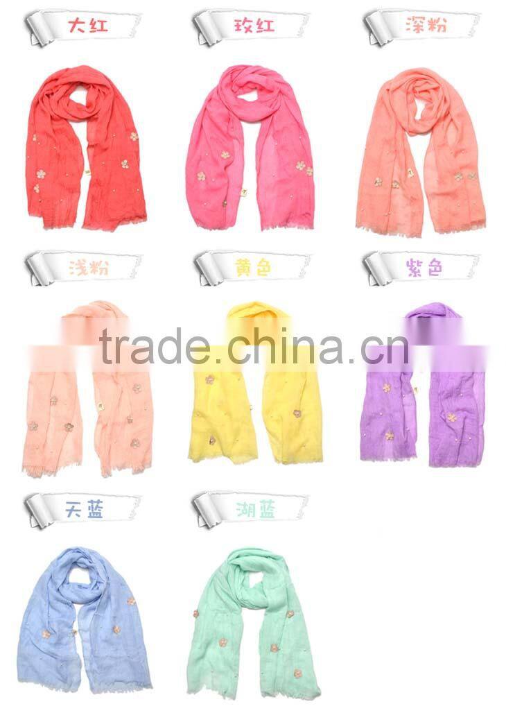 2015 Autumn Winter Newest Small Flower Applique Pearl Beads Fixed Soft Cotton Baby Girl Scarf