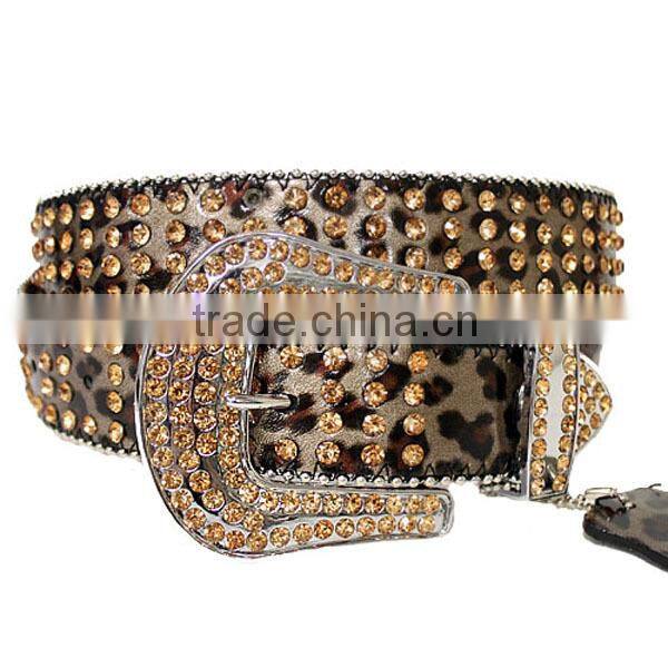 Wholesale Women's One Line Rhinestone Green Leather Stud Accent Belt
