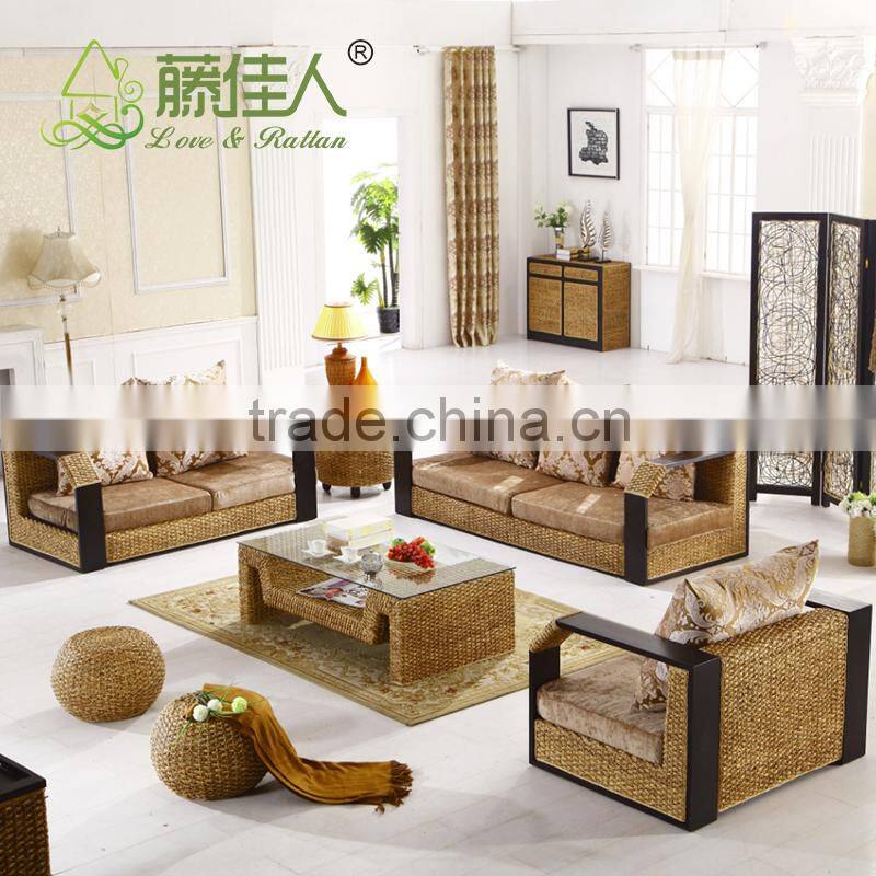 Nice Design Hand Woven Classic Water Hyacinth Seagrass Natural Rattan Wicker Living Room Furniture L Shape Sectional Sofa Set