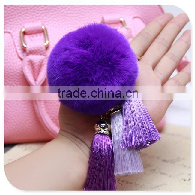 Cute Genuine Leather REX Rabbit fur pom pom keychain