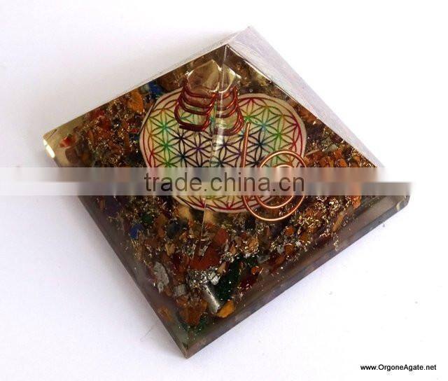 Big Orgone 7 Chakra Stone Pyramid With Flower Of Life Symbol And Crystal Point | Chakra Pyramid