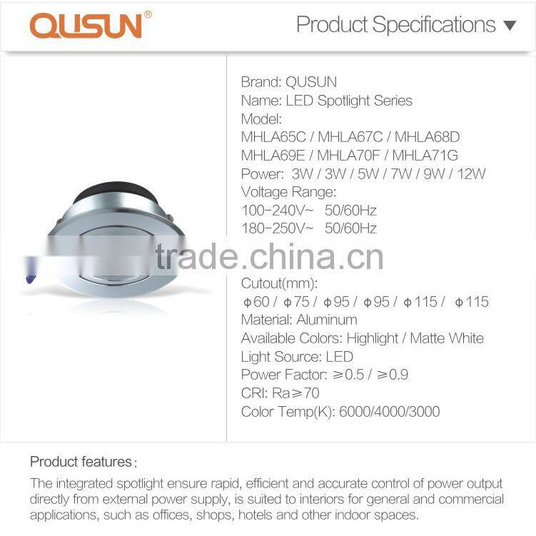 Aluminum Highlight/ Matt white finish 3W 5W 7W 9W 12W led spot light