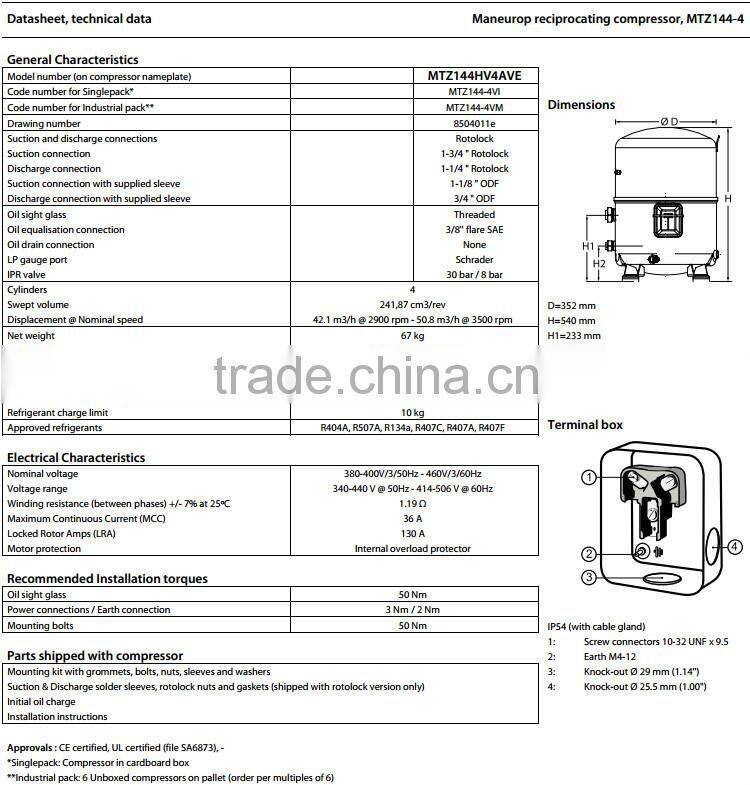 (MTZ144-4VM)Brand New Maneurop Reciprocating Compressor MT and MTZ Compressors