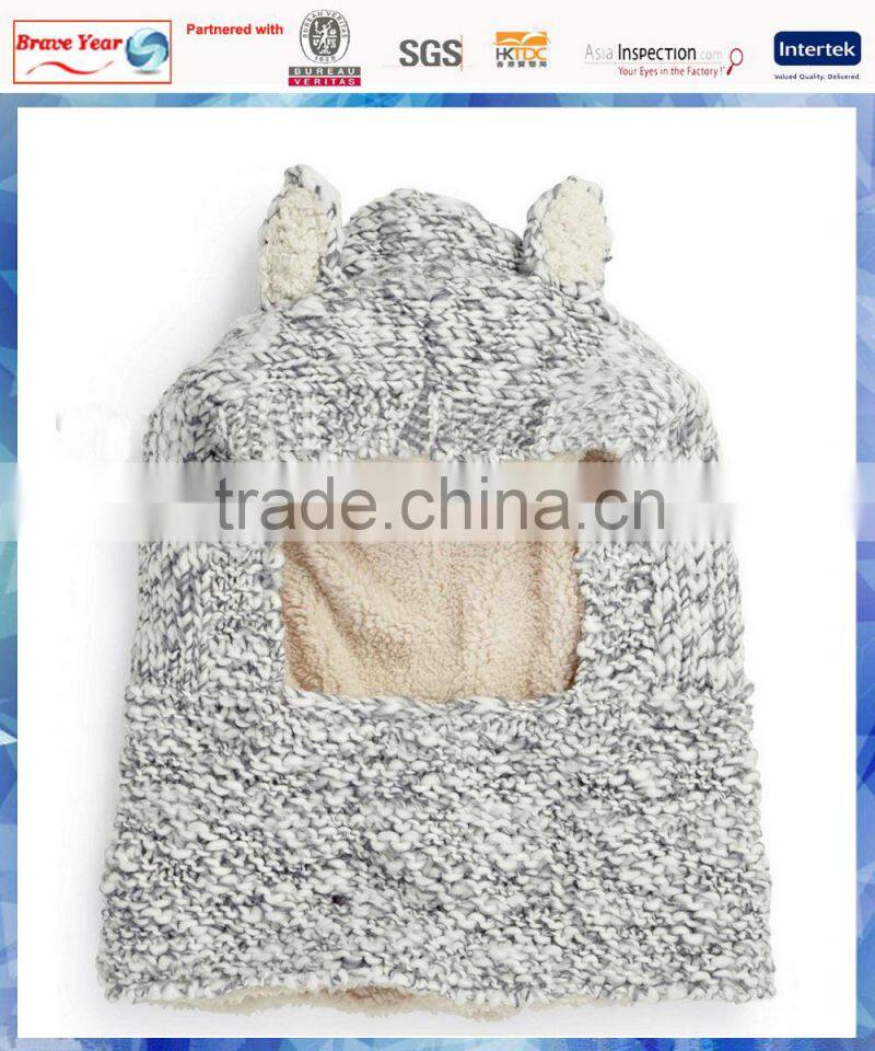 bunny ears chunky knit winter hood scarf with fluffy lining for girls