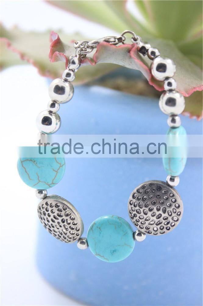 Handmade Gypsy Tibet Silver Turquoise Stone & Uneven Flat CCB Beaded Bracelet For Women Jewelry 2016New Intrend style