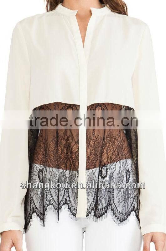 2016 New Arrival Contrast Color Patchwork High Quality Satin Pajamas Blouses women