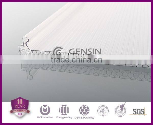 width 600mm roofing u-lock four wall honeycomb polycarbonate sheet, multiwall polycarbonate sheet/cellular pc panel