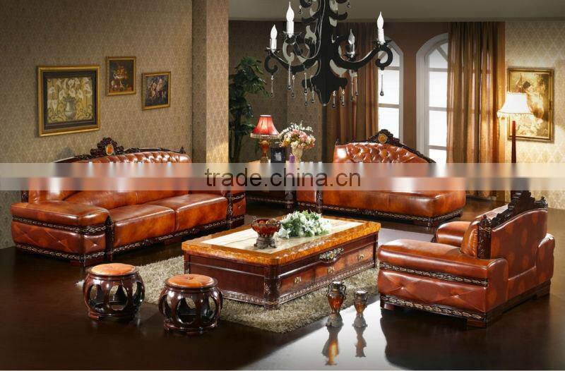 Thai Style Living Room Sofa Set,Luxury Design Genuine Leather Golden Furniture Set,Noble Indonesia Full Hand-made Leather Sofa