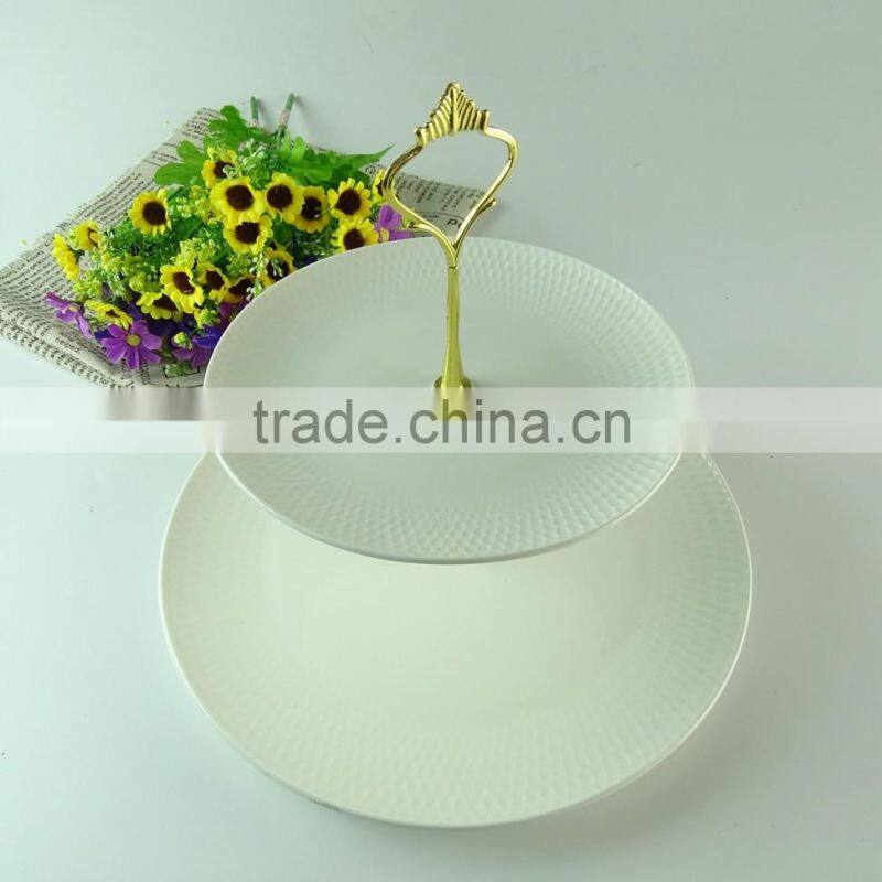 Wholesale stock porcelain cake stand with handle , two tiers porcelain cake stand for weeding/party/daily use