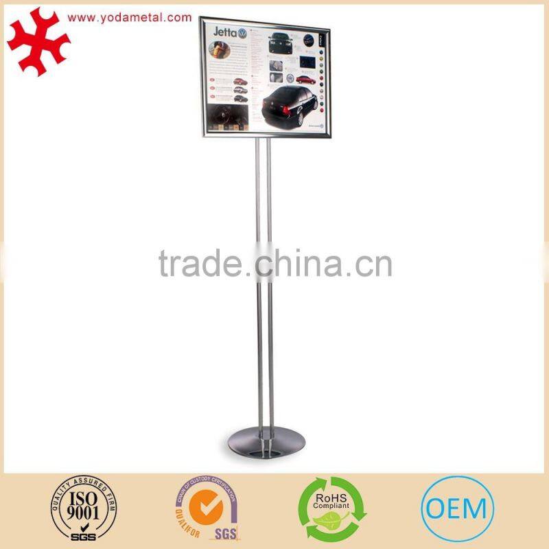 Adjustable height tilting metal poster display stand with snap frame