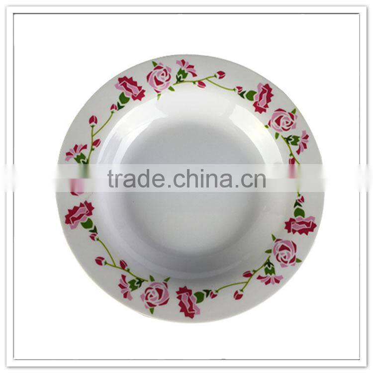 China Manufacturer round deep dinner dishes, rose printing hand made plastic plates