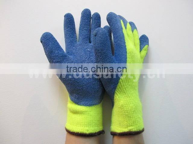 DDSAFETY Hi Vis Yellow Acrylic Shell With Blue Latex Coating Gloves