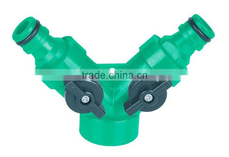 Plastic snap-in "Y" hose connector with shut off function, 3/4" female thread
