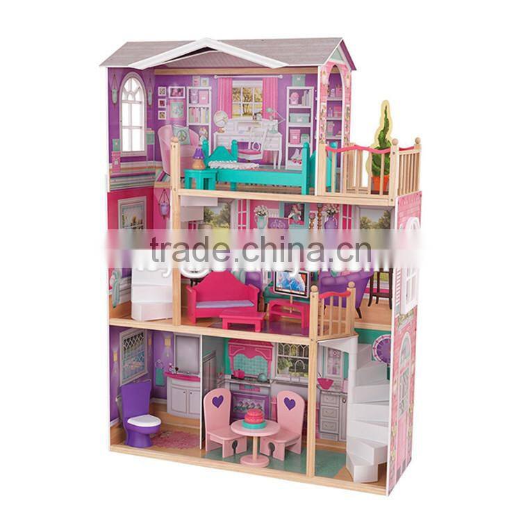 New style 3 floor girls pretend play wooden dollhouse cottage W06A224