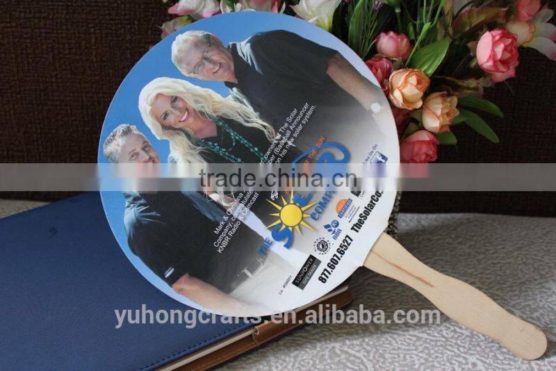 Wood handle paper hand held fan
