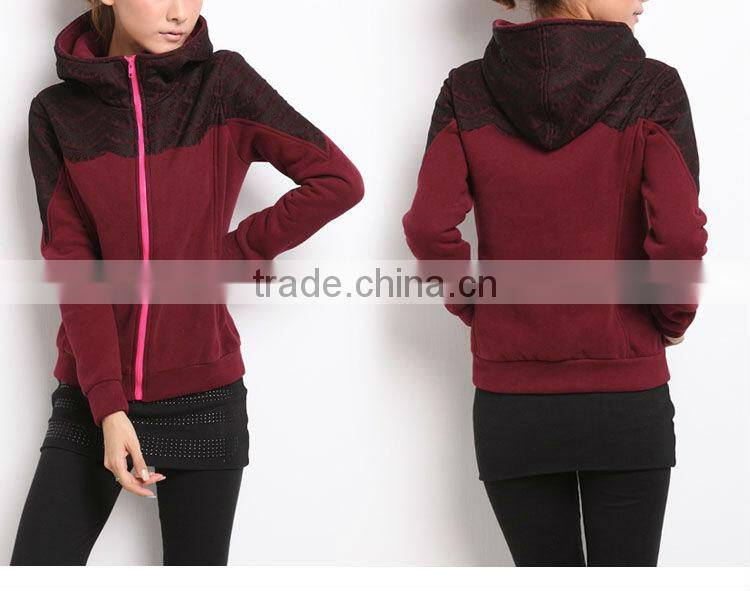 wholesale custom designs fashion sportswear zipper up women hoodies sweatshirt with lace decoration winter warm hoody