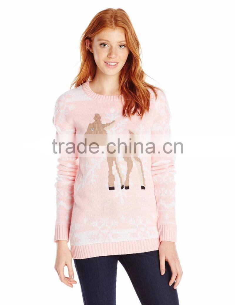 Women Pink Sweater Snowflake Pattern Christmas Pullover